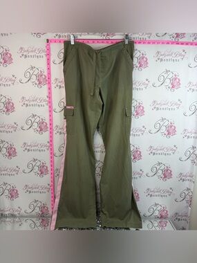 Sassy Scrubs- Olive Green Cargo Flare Pants with Pink Side Stripe Adjustable